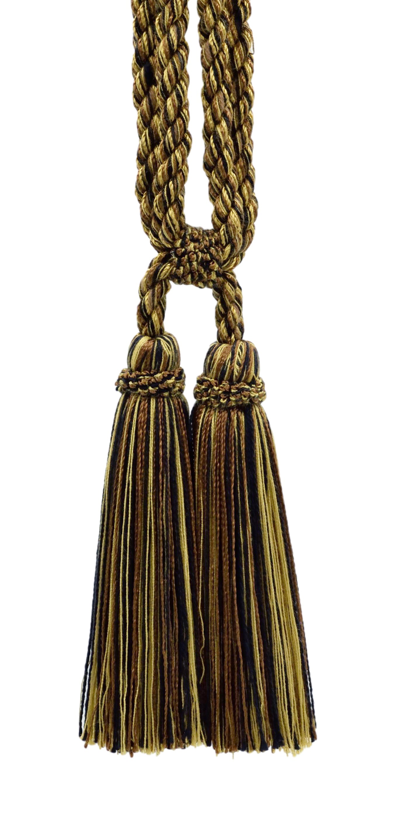 DÉCOPRO Traditional Cotton Double Tassel Curtain & Drapery Tassel Tieback, Tassel Length 5 1/2" (14cm), Spread 27" (68.5cm) # TBC0552 Saddle Brown #P63 (Light Brown, Dark Beige, Pure Black) | Set of 10 - DecoPro