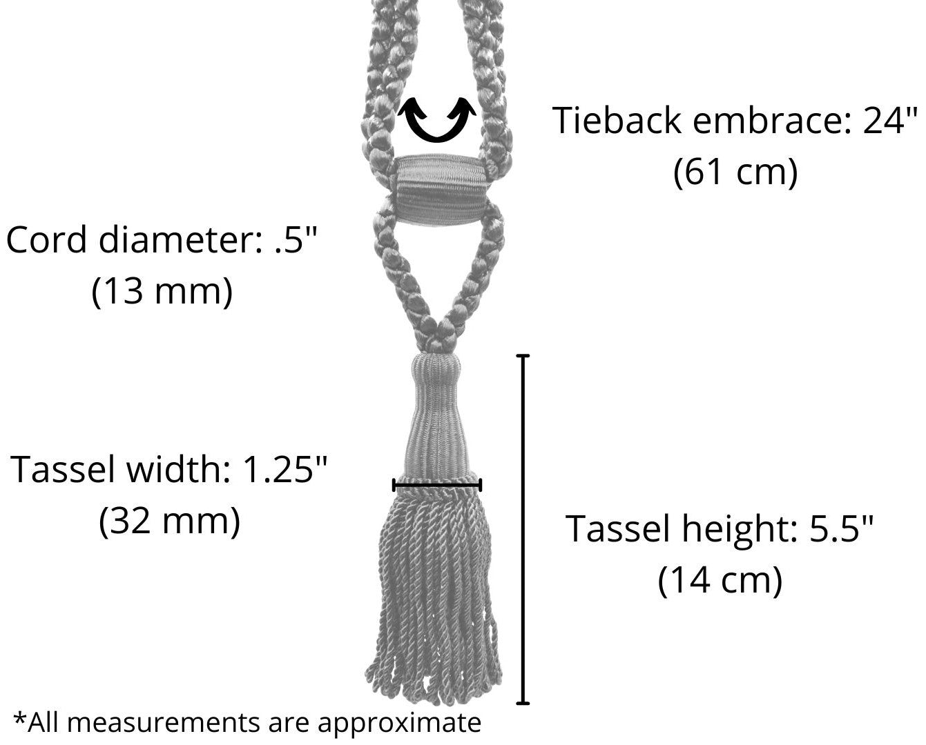 DÉCOPRO Beautiful Curtain & Drapery Tassel Tieback, Adjustable Cord Length with Elegant Bullion Design, Tassel Length 5 1/2" (14cm), Spread 24" (61cm) # TBC055SPR24 Silver Grey Black #PR23 (Pure Black, Light Grey, Grey Silver) | Sold Individually - DecoPro