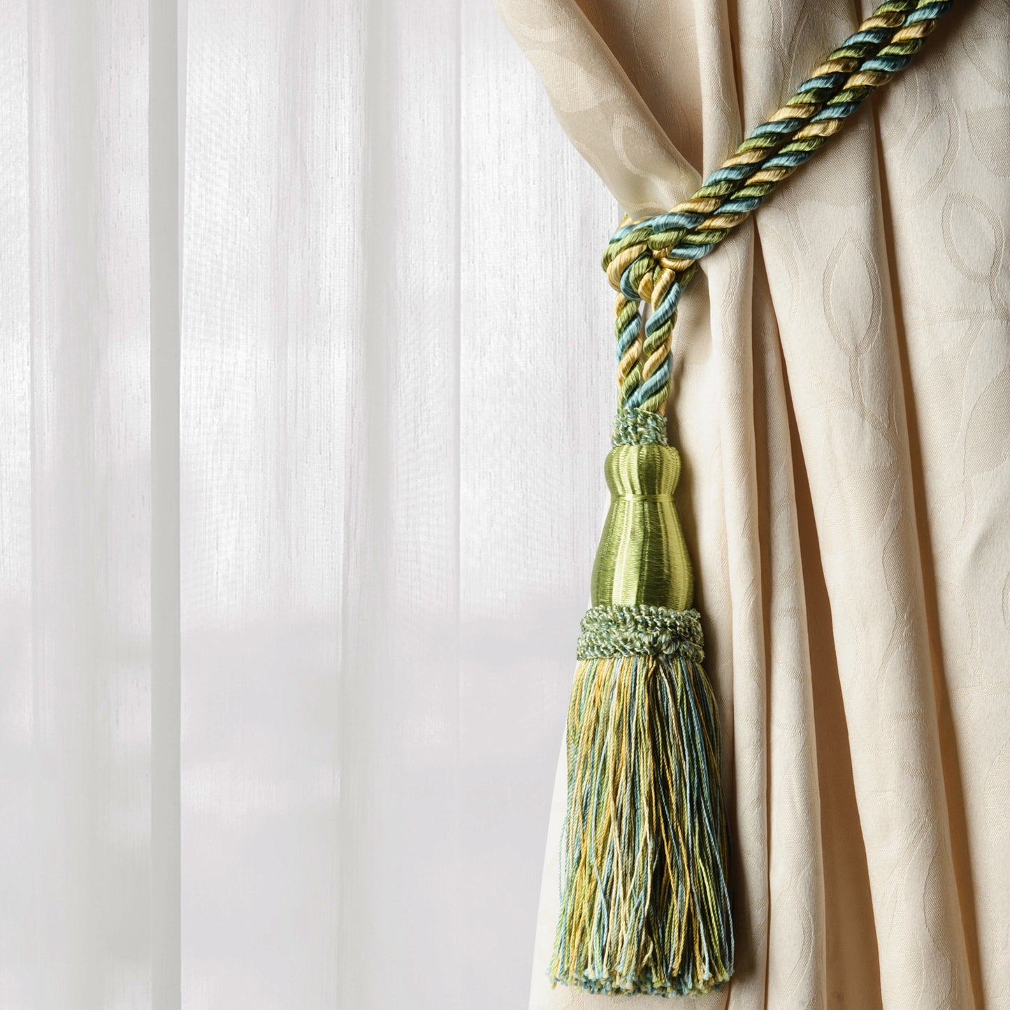 DÉCOPRO Elegant Lustrous Curtain Tassel Tieback, Tassel Length 8 1/2" (21.5cm), Spread 30" (76cm) # TBC085 Summer Green #PR17 (Light Green, Sky Blue, Yellow Gold) | Sold Individually - DecoPro
