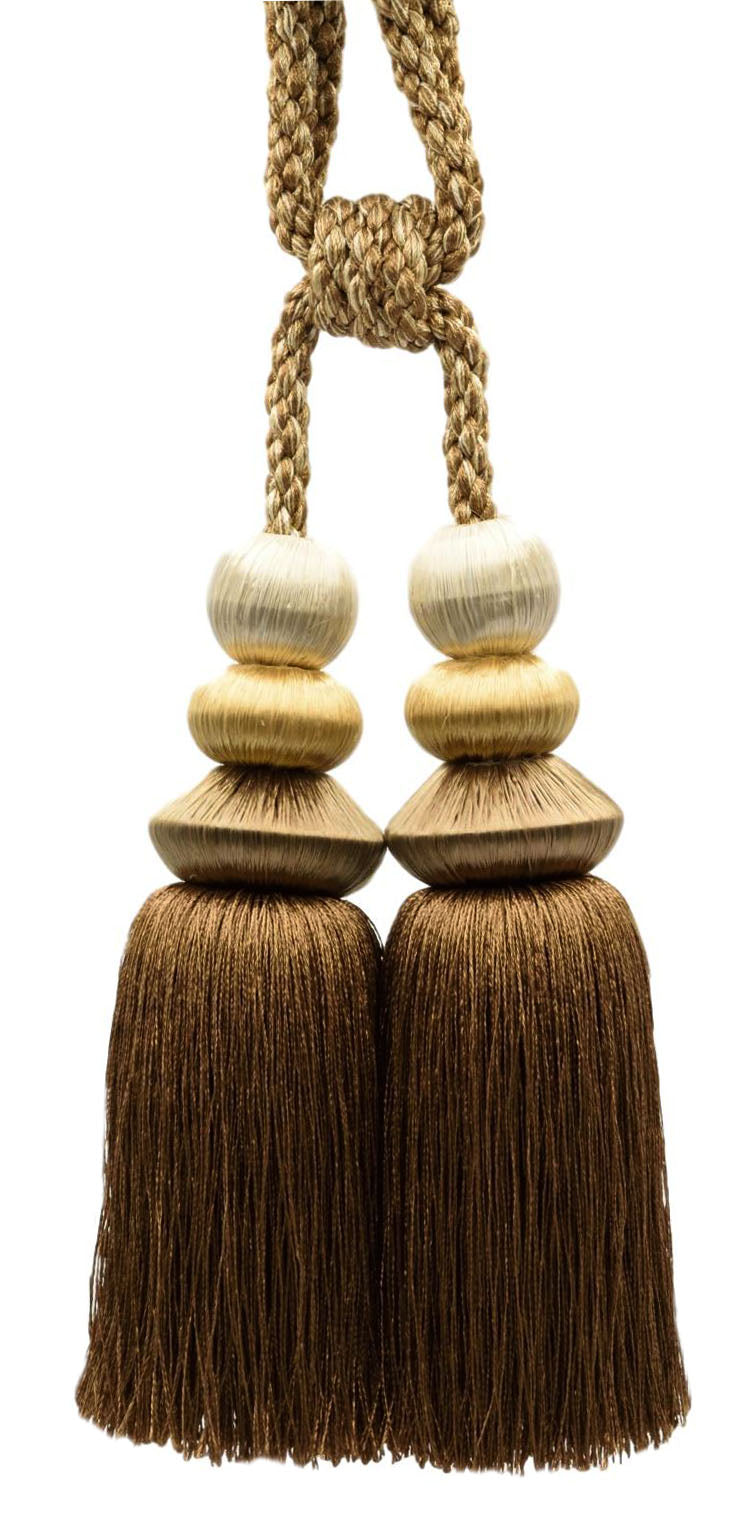DÉCOPRO Curtain and Draperys with Braided Cord and Sleek Multi Geometrical Headers Tassel Tieback, Tassel Length 7" (17.5cm), Spread 28" (71cm) # TBC72 White Gold Brown #TT03 (Light Brown, Golden Beige, Chocolate Brown) | Set of 2 - DecoPro