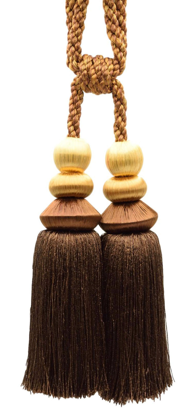 DÉCOPRO Curtain and Draperys with Braided Cord and Sleek Multi Geometrical Headers Tassel Tieback, Tassel Length 7" (17.5cm), Spread 28" (71cm) # TBC72 Gold Brass Brown #TT04 (Light Brown, Yellow Gold, Chocolate Brown) | Set of 2 - DecoPro