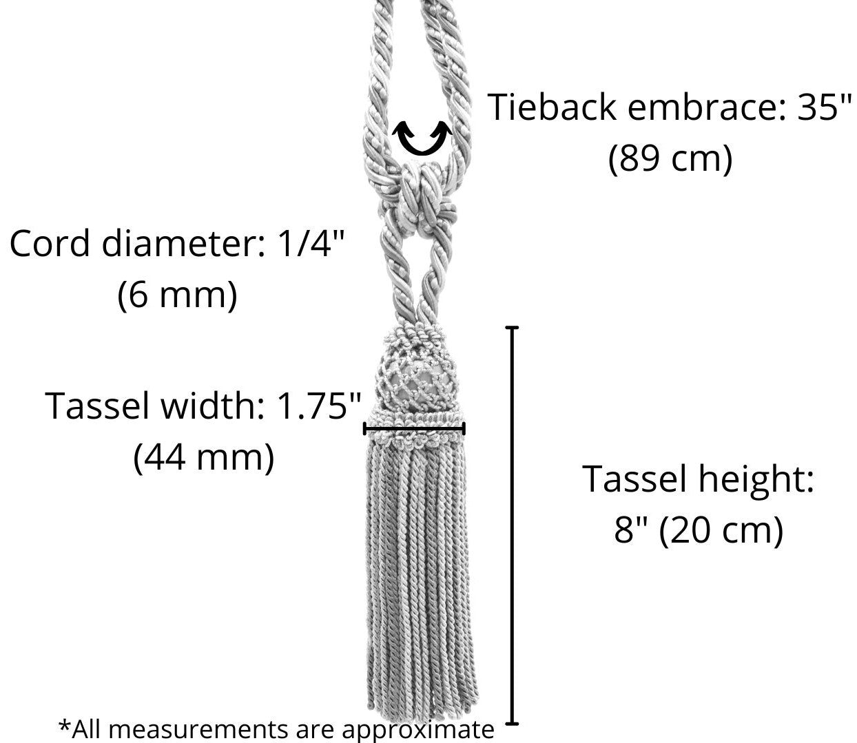 DÉCOPRO Elegant Curtain & Drapery Tassel Tieback with Decorative Hand Crocheted Design, Tassel Length 8" (20cm), Spread 35" (88.5cm) # TBE8 Sandpiper Ivory #EL03 (Cream Ivory, Pewter Grey, Off White) | Set of 2 - DecoPro