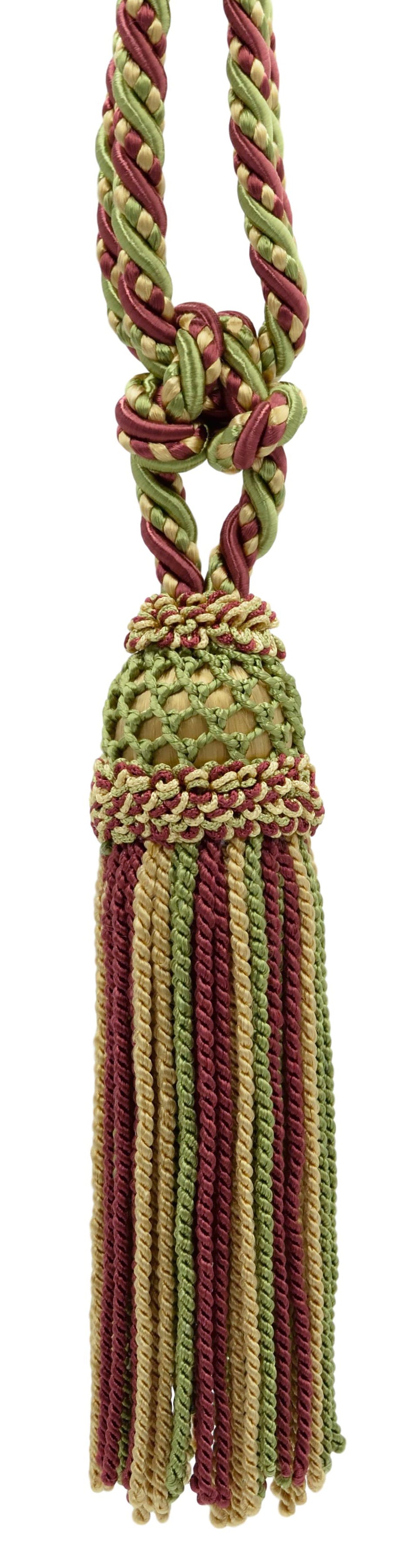 DÉCOPRO Elegant Curtain & Drapery Tassel Tieback with Decorative Hand Crocheted Design, Tassel Length 8" (20cm), Spread 35" (88.5cm) # TBE8 Fiesta Beige #EL08 (Golden Beige, Olive Green, Brick Red) | Set of 2 - DecoPro