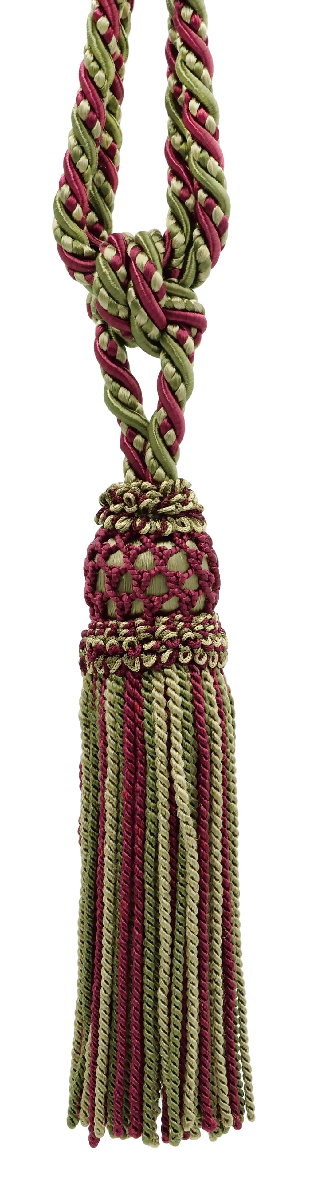 DÉCOPRO Elegant Curtain & Drapery Tassel Tieback with Decorative Hand Crocheted Design, Tassel Length 8" (20cm), Spread 35" (88.5cm) # TBE8 Red Fern Green #EL10 (Olive Green, Wine Red, Beige Green) | Set of 2 - DecoPro