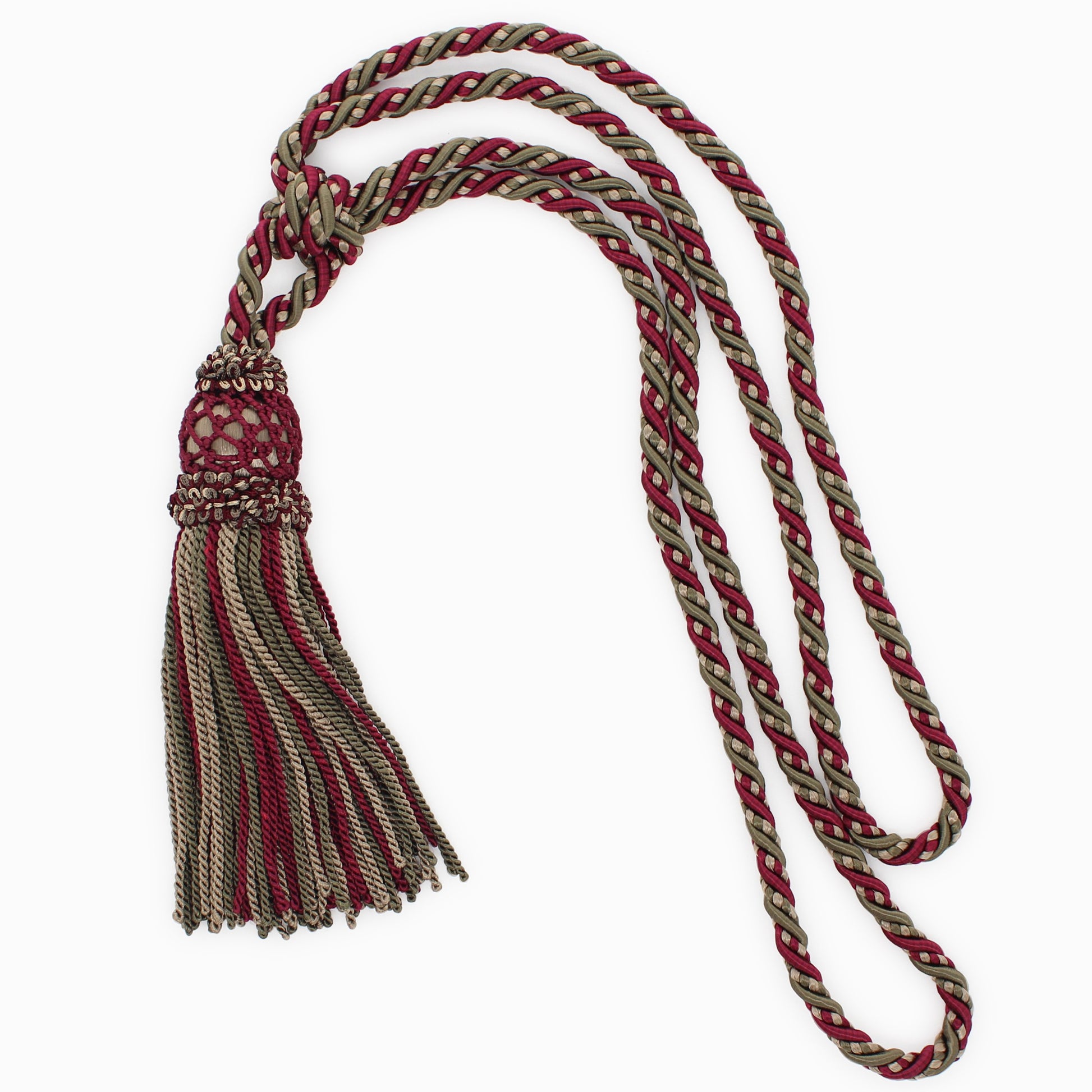 DÉCOPRO Elegant Curtain & Drapery Tassel Tieback with Decorative Hand Crocheted Design, Tassel Length 8" (20cm), Spread 35" (88.5cm) # TBE8 Red Fern Green #EL10 (Olive Green, Wine Red, Beige Green) | Set of 2 - DecoPro