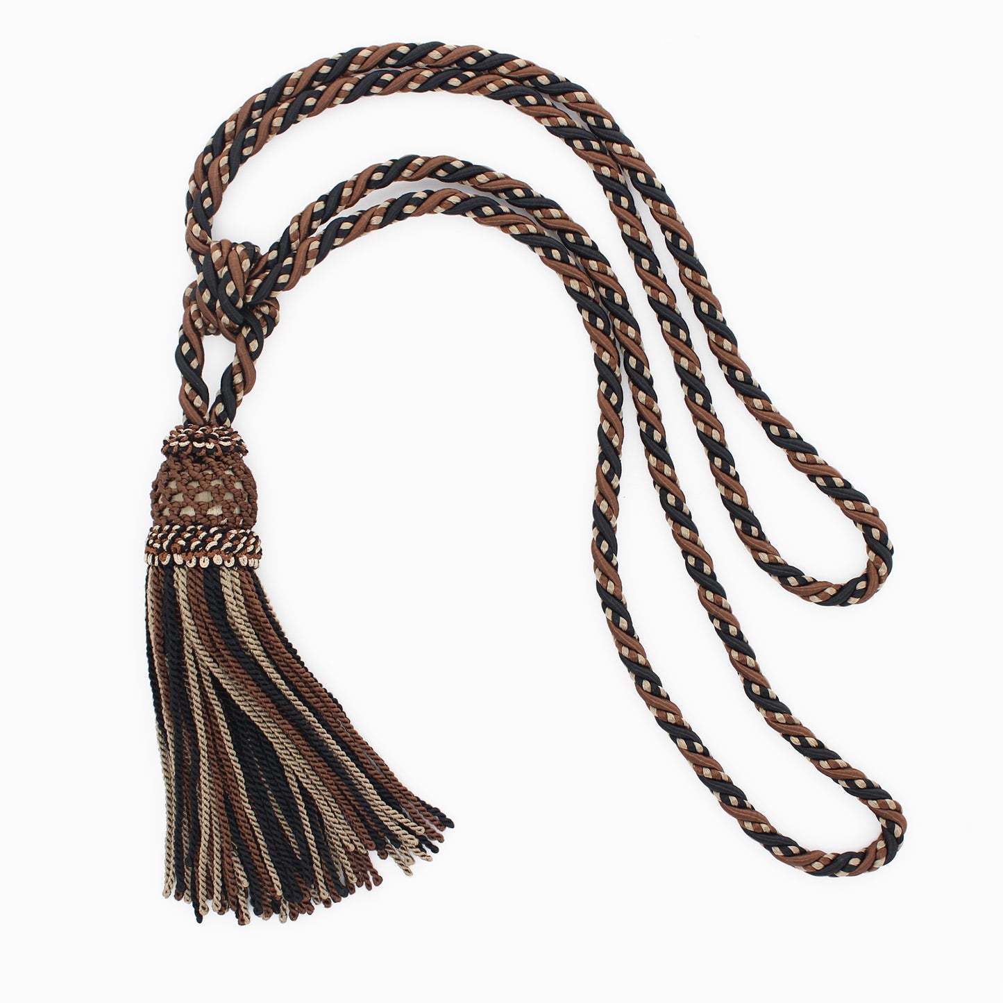 DÉCOPRO Elegant Curtain & Drapery Tassel Tieback with Decorative Hand Crocheted Design, Tassel Length 8" (20cm), Spread 35" (88.5cm) # TBE8 Biscotti Brown #EL13 (Chocolate Brown, Pure Black, Light Beige) | Sold Individually - DecoPro