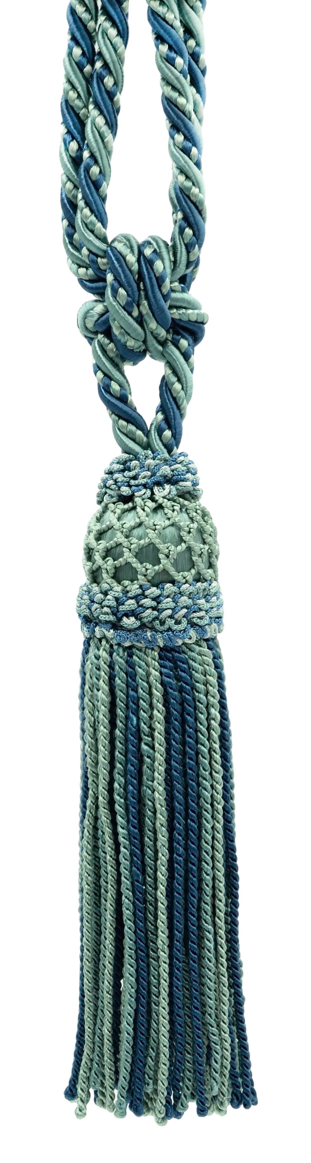 DÉCOPRO Elegant Curtain & Drapery Tassel Tieback with Decorative Hand Crocheted Design, Tassel Length 8" (20cm), Spread 35" (88.5cm) # TBE8 Aqua Medley Blue #EL17 (Green Blue, Teal Blue, Turquoise Blue) | Set of 2 - DecoPro