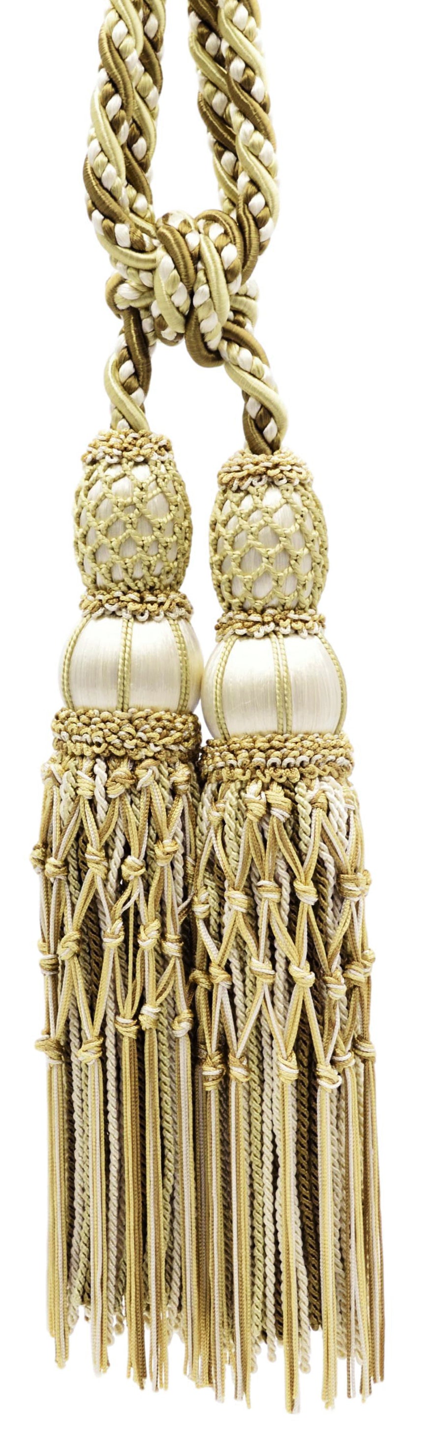 DÉCOPRO Exquisite Curtain & Drapery Double Tassel Tieback Elegantly Handcrafted to Perfection, Tassel Length 10" (25cm), Spread 38" (96.5cm) # TBEL102 Peanut Beige #W149 (Light Beige, White Ivory, Light Brown) | Set of 2 - DecoPro