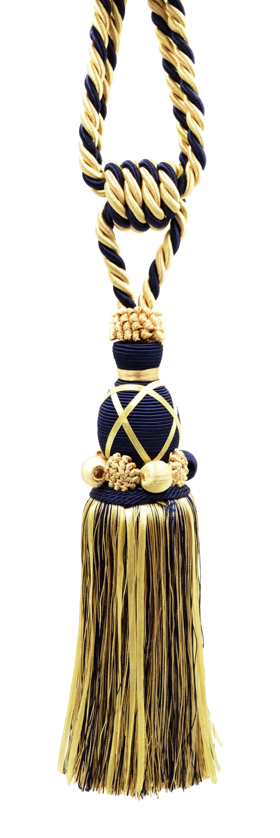 DÉCOPRO Beautiful Ribbon Curtain & Drapery Tassel Tieback Handcrafted with Beads and Rosettes, Tassel Length 11" (27.5cm), Spread 40" (1m) # TBEU11 Nautical Blue #565 (Navy Blue, Yellow Gold, Midnight Blue) | Set of 2 - DecoPro