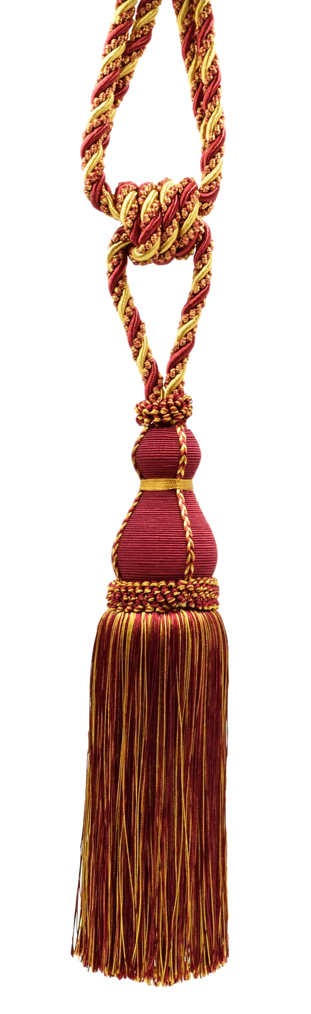 DÉCOPRO Elegant Large Tassel Tieback for Curtains & Draperies, Tassel Length 12" (30.5cm), Spread 30" (76cm) # TBH15, Burgundy Gold Red #1253 (Carmine Red, Yellow Gold, Dark Red) | Set of 4 - DecoPro
