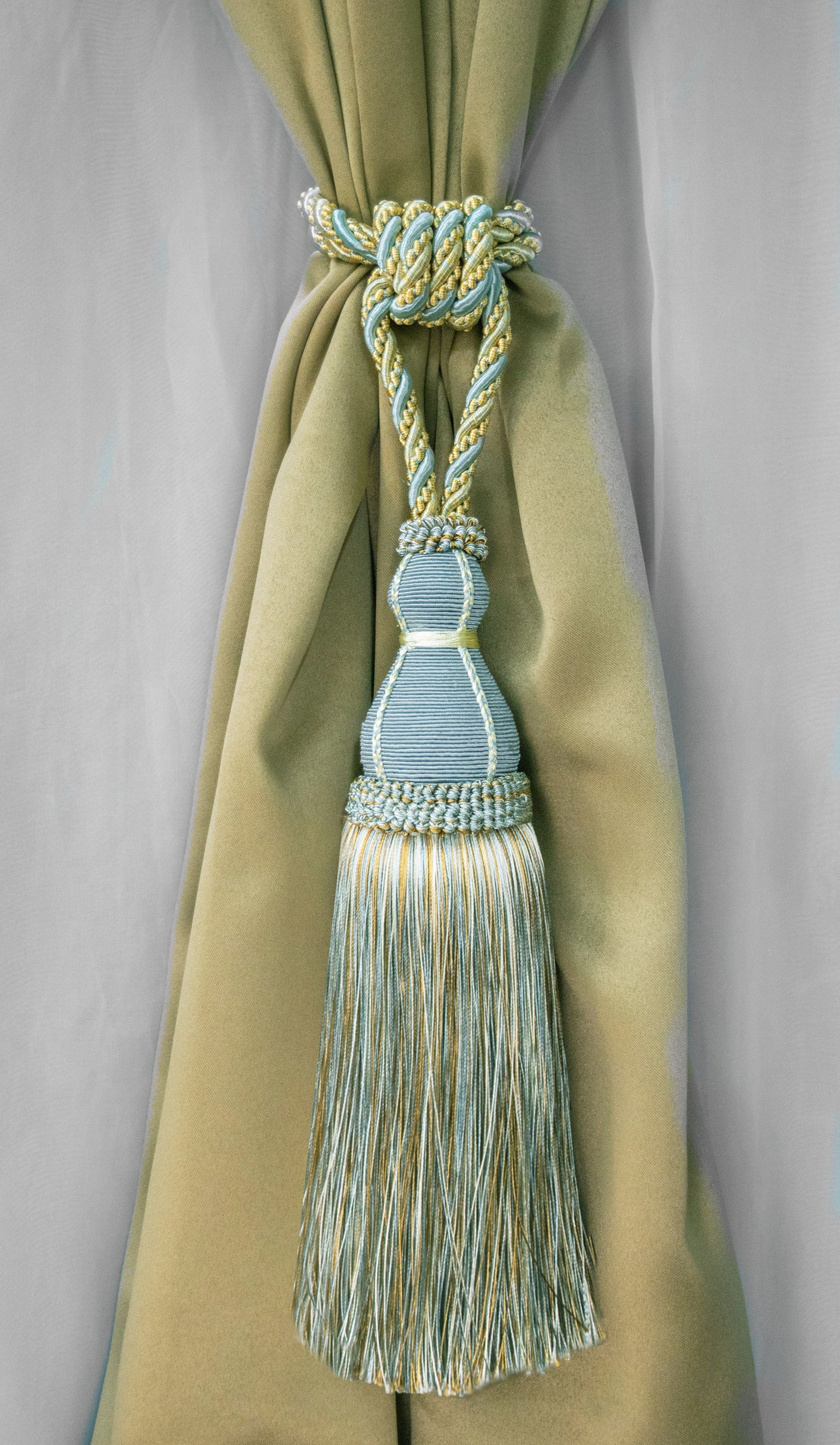 DÉCOPRO Elegant Large Tassel Tieback for Curtains & Draperies, Tassel Length 12" (30.5cm), Spread 30" (76cm) # TBH15, Island Breeze Blue #5939 (Silver Blue, Gold, Off White) | Set of 2 - DecoPro