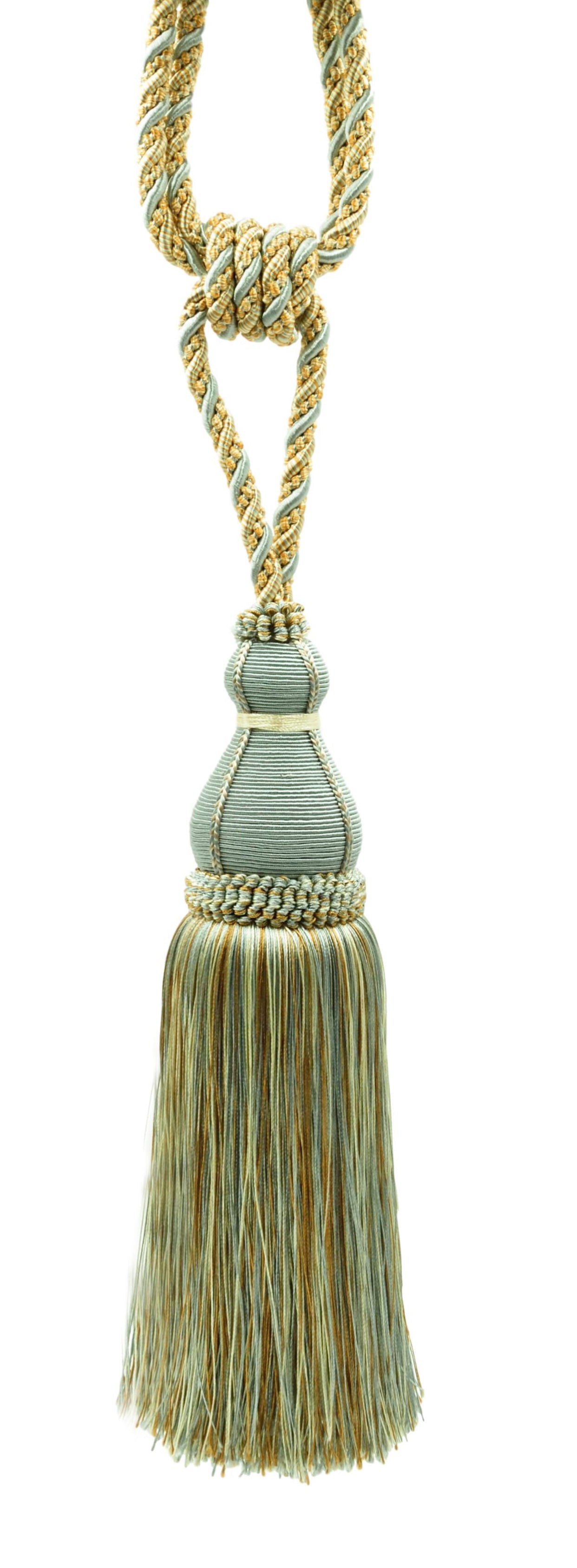 DÉCOPRO Elegant Large Tassel Tieback for Curtains & Draperies, Tassel Length 12" (30.5cm), Spread 30" (76cm) # TBH15, Island Breeze Blue #5939 (Silver Blue, Gold, Off White) | Sold Individually - DecoPro