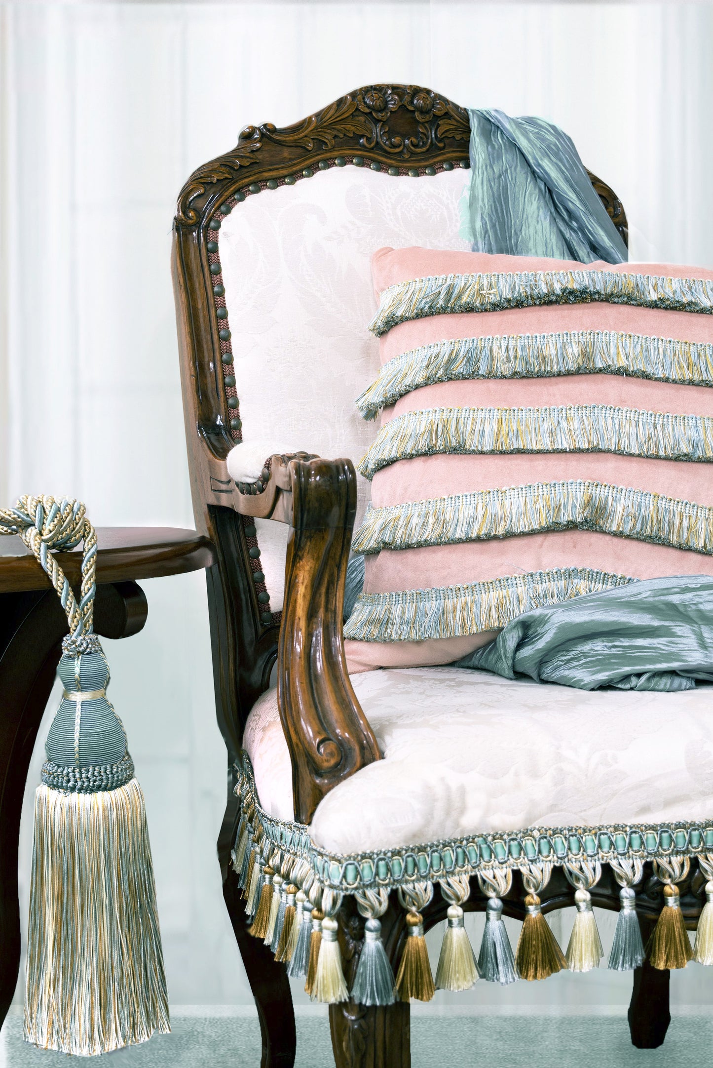 DÉCOPRO Elegant Large Tassel Tieback for Curtains & Draperies, Tassel Length 12" (30.5cm), Spread 30" (76cm) # TBH15, Island Breeze Blue #5939 (Silver Blue, Gold, Off White) | Sold Individually - DecoPro