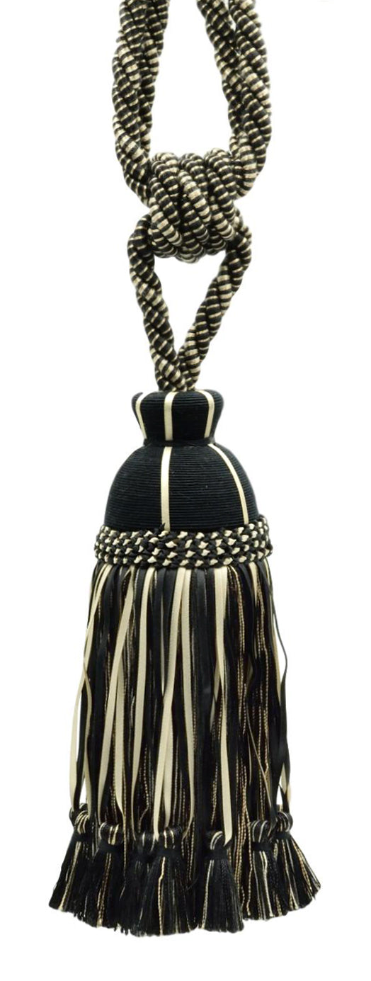DÉCOPRO Beautiful Ribbon Curtain & Drapery Tassel Tieback Embellished with Hand Tied Tassels, Tassel Length 9 1/2" (24cm), Spread 32" (81cm) # TBHR095 Chesapeake Black #21775 (Pure Black, White Ivory, Dark Beige) | Set of 2 - DecoPro