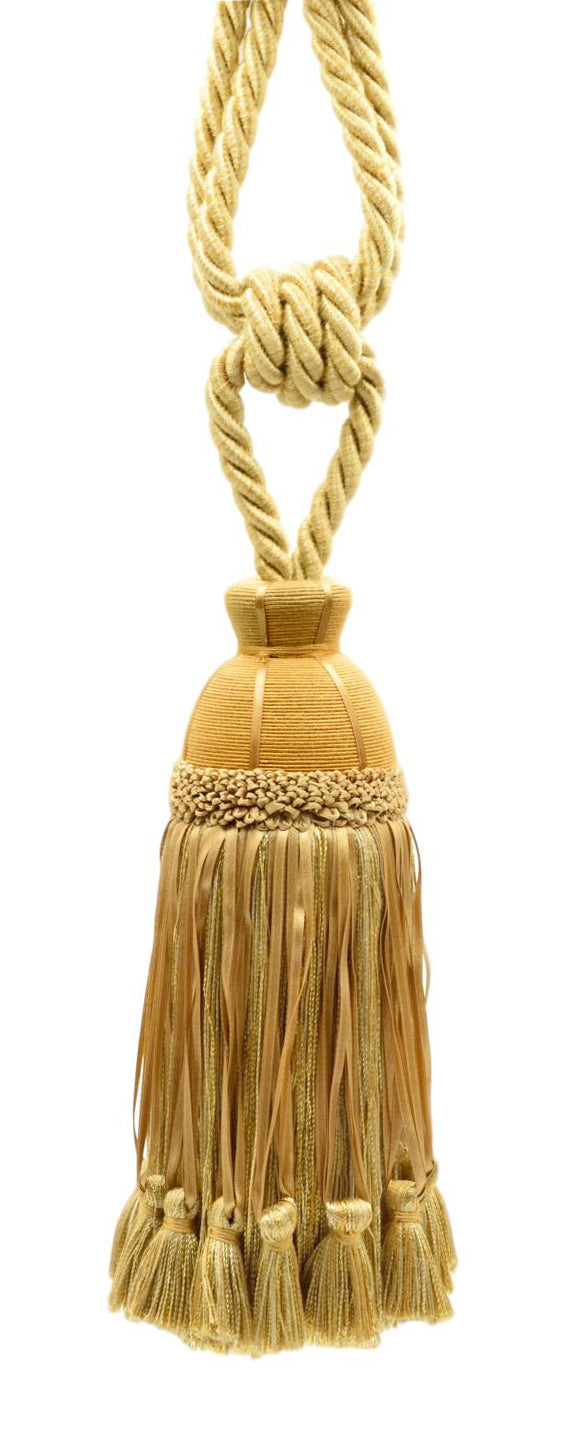 DÉCOPRO Beautiful Ribbon Curtain & Drapery Tassel Tieback Embellished with Hand Tied Tassels, Tassel Length 9 1/2" (24cm), Spread 32" (81cm) # TBHR095 Medallion Gold #51186 (Beige Gold, Yellow Gold, Light Gold) | Set of 2 - DecoPro
