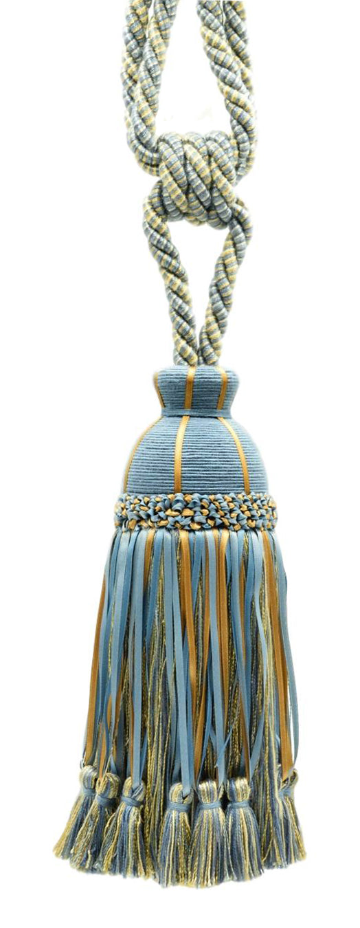 DÉCOPRO Beautiful Ribbon Curtain & Drapery Tassel Tieback Embellished with Hand Tied Tassels, Tassel Length 9 1/2" (24cm), Spread 32" (81cm) # TBHR095 Coastline Blue #51527 (Light Blue, Yellow Gold, Light Yellow) | Set of 2 - DecoPro