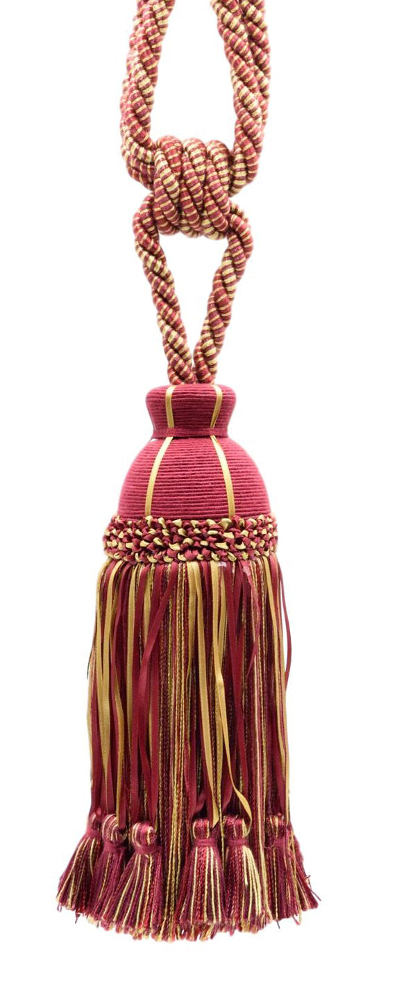 DÉCOPRO Beautiful Ribbon Curtain & Drapery Tassel Tieback Embellished with Hand Tied Tassels, Tassel Length 9 1/2" (24cm), Spread 32" (81cm) # TBHR095 Golden Raspberry Red #71379 (Pink Red, Light Red, Yellow Gold) | Set of 2 - DecoPro