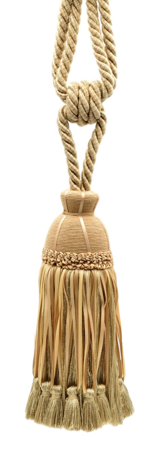 DÉCOPRO Beautiful Ribbon Curtain & Drapery Tassel Tieback Embellished with Hand Tied Tassels, Tassel Length 9 1/2" (24cm), Spread 32" (81cm) # TBHR095 Oak Beige #81878 (Tan Beige) | Set of 2 - DecoPro