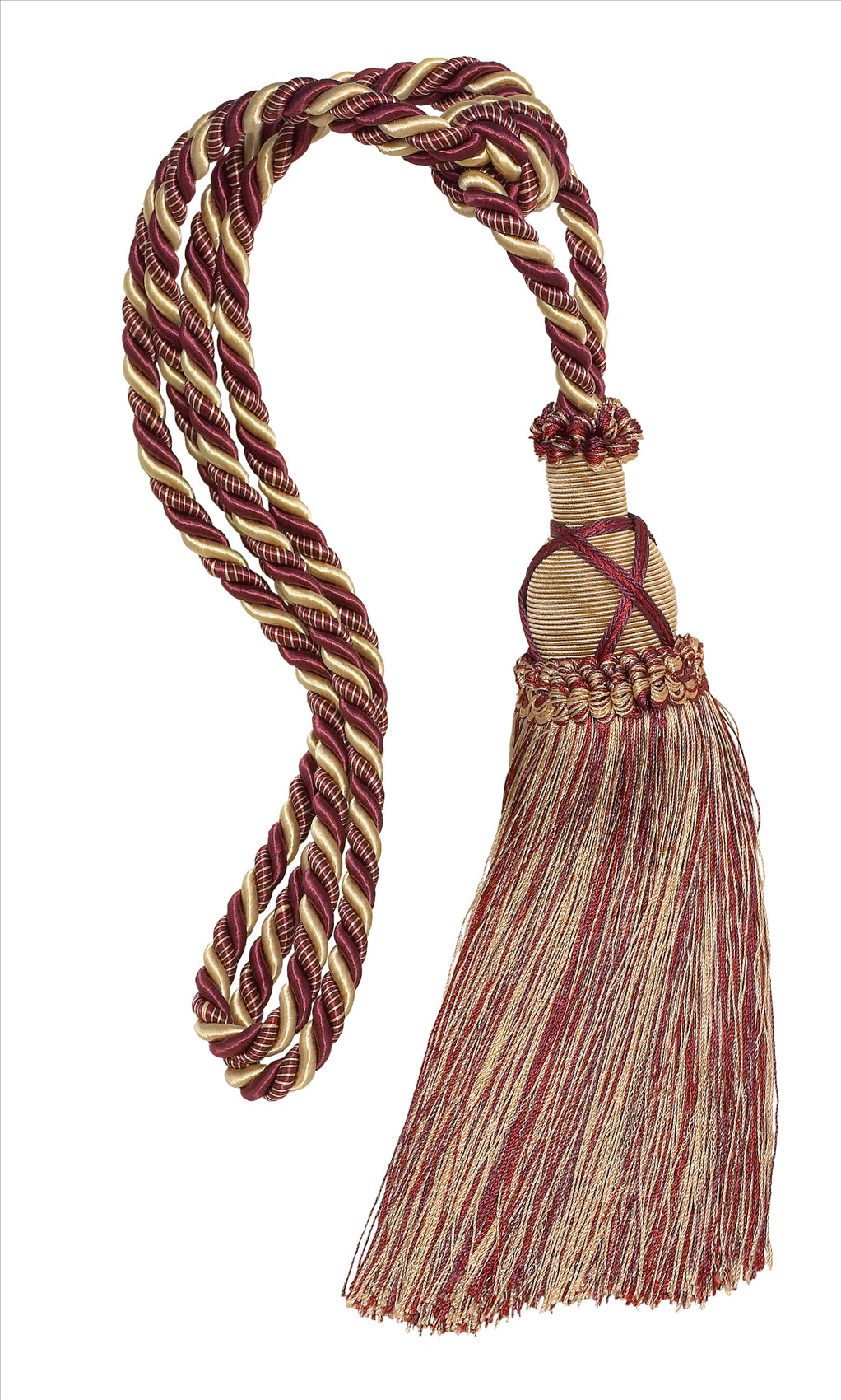 DÉCOPRO Elegant Criss Cross Curtain & Drapery Tassel Tieback, Tassel Length 10" (25cm), Spread 30" (76cm) # TBIC1 Cranberry Red #4466 (Dark Red, White Gold, Olive Green) | Sold Individually - DecoPro