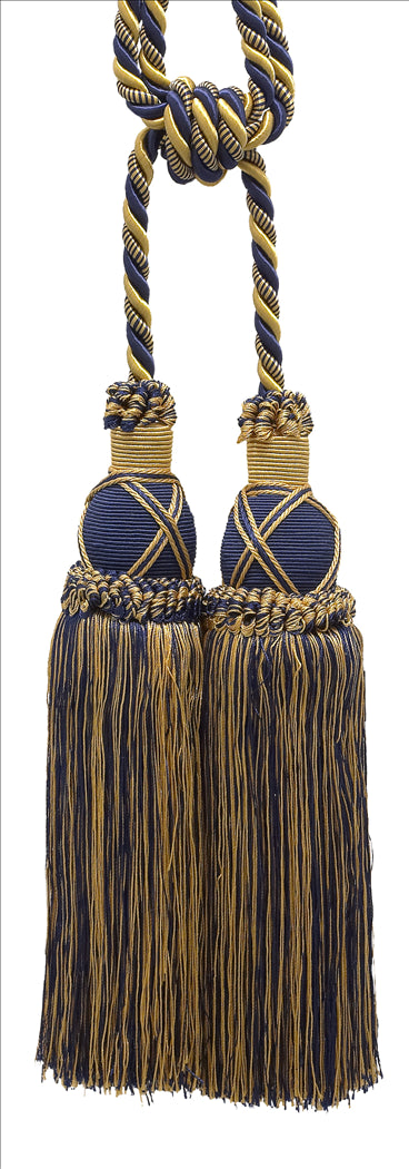DÉCOPRO Elegant Criss Cross Double Curtain & Drapery Tassel Tieback, Tassel Length 10" (25cm), Spread 30" (76cm) # TBIC2, Nautical Gold #1152 (Light Gold, Yellow Gold, Navy Blue) | Set of 2 - DecoPro