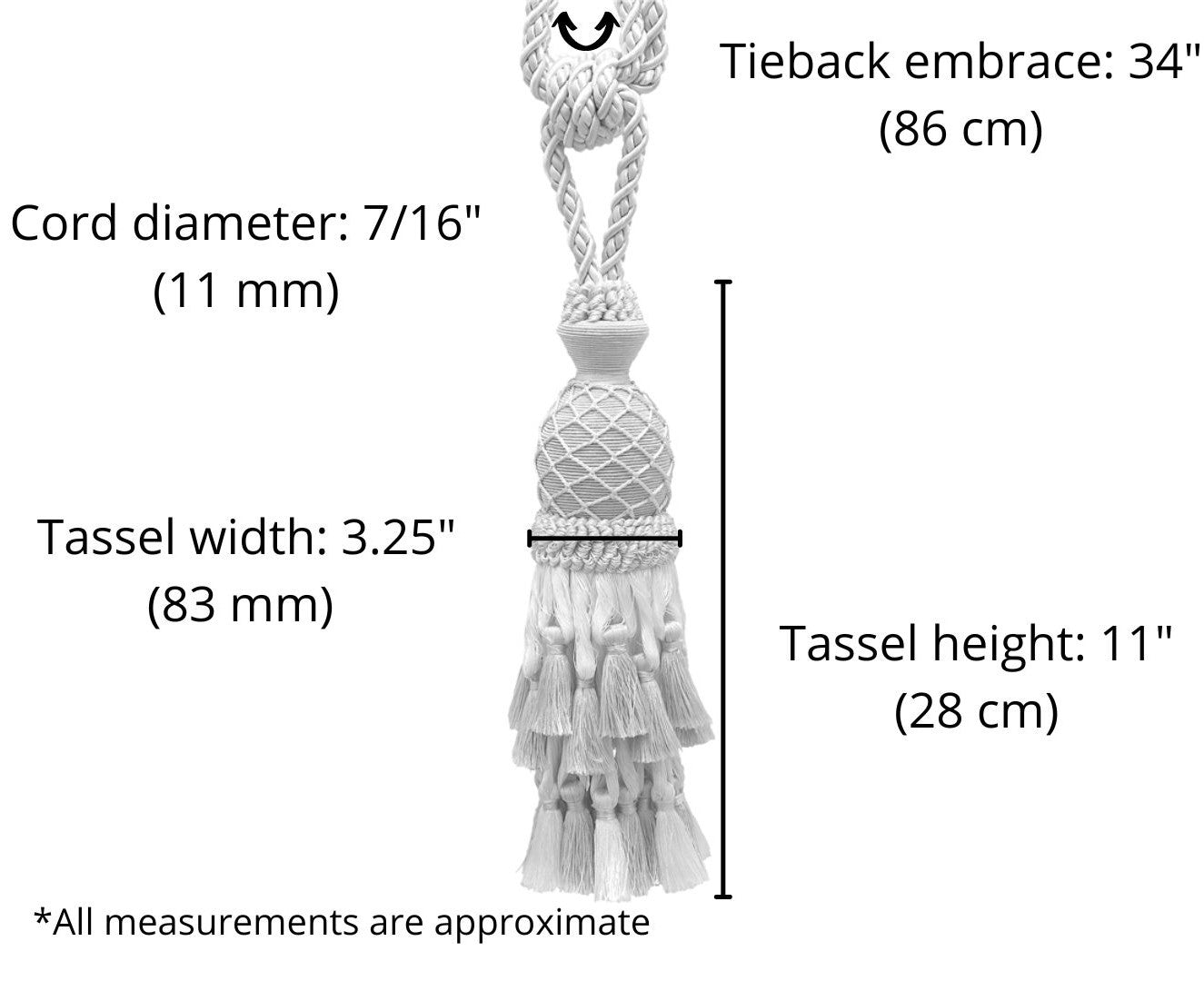 DÉCOPRO Lavish Large Curtain Tassel Tieback, Hand Crafted - Luxurious Drapery Accessory, Tassel Length 11" (27.5cm), Spread 34" (86cm) # TBIL1, White Sands #4001 (White Ivory, Cream Ivory, Light Beige) | Set of 4 - DecoPro