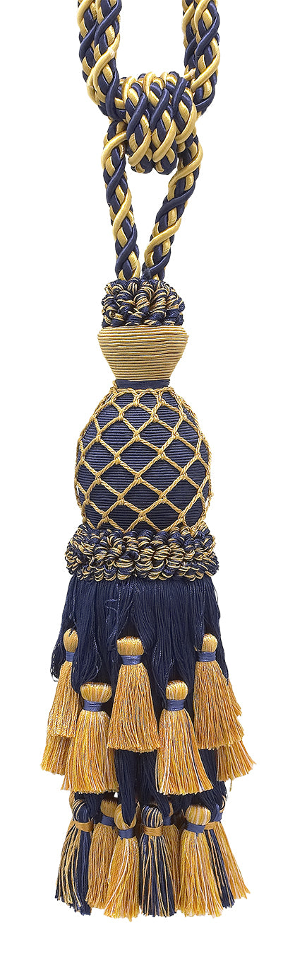 DÉCOPRO Lavish Large Curtain Tassel Tieback, Hand Crafted - Luxurious Drapery Accessory, Tassel Length 11" (27.5cm), Spread 34" (86cm) # TBIL1, Nautical Gold #1152 (Light Gold, Yellow Gold, Navy Blue) | Set of 4 - DecoPro