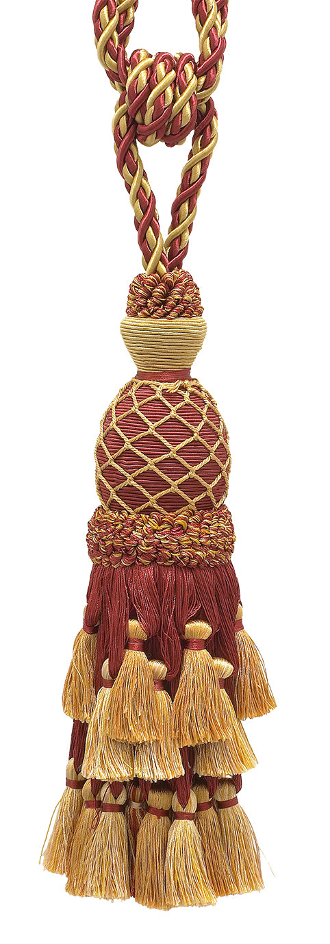 DÉCOPRO Lavish Large Curtain Tassel Tieback, Hand Crafted - Luxurious Drapery Accessory, Tassel Length 11" (27.5cm), Spread 34" (86cm) # TBIL1, Burgundy Gold Red #1253 (Carmine Red, Yellow Gold, Dark Red) | Set of 2 - DecoPro