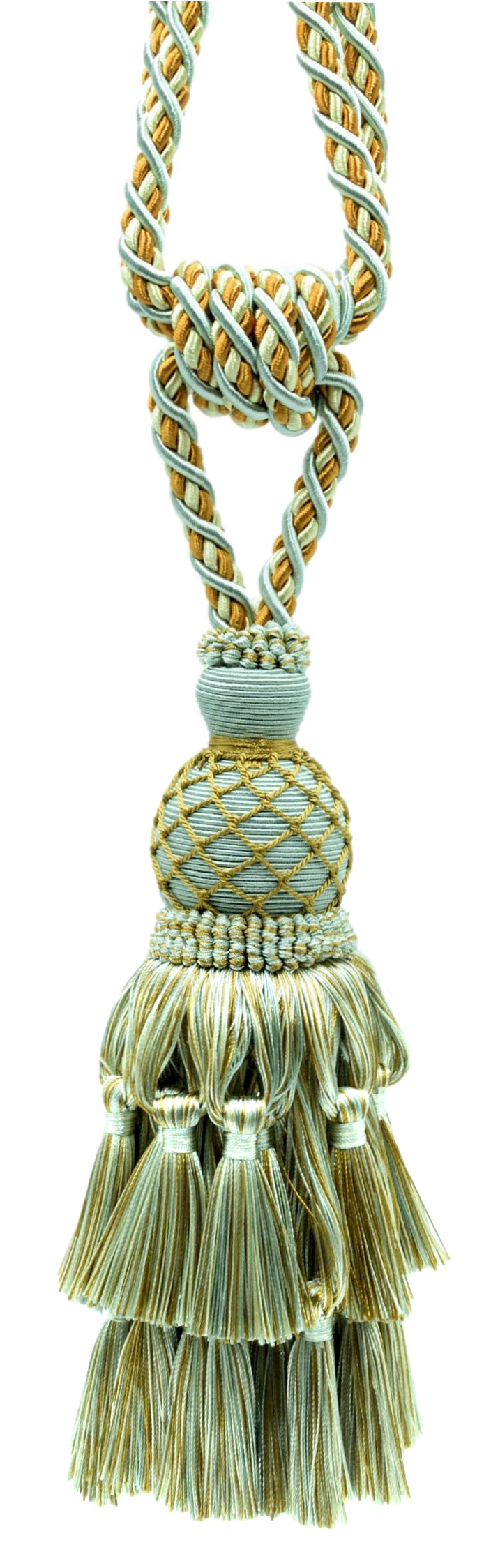 DÉCOPRO Lavish Large Curtain Tassel Tieback, Hand Crafted - Luxurious Drapery Accessory, Tassel Length 11" (27.5cm), Spread 34" (86cm) # TBIL1, Golden Ice Blue #403 (Light Blue, Yellow Gold, White Ivory) | Set of 4 - DecoPro