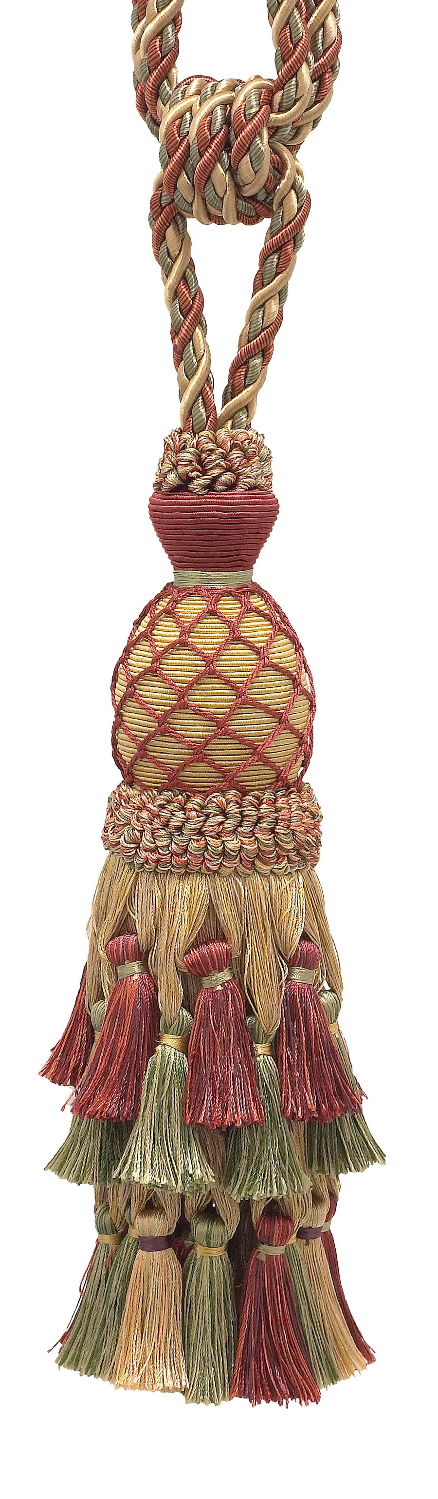 DÉCOPRO Lavish Large Curtain Tassel Tieback, Hand Crafted - Luxurious Drapery Accessory, Tassel Length 11" (27.5cm), Spread 34" (86cm) # TBIL1, Cherry Grove Beige #4770 (Golden Beige, Rust Red, Olive Green) | Set of 4 - DecoPro