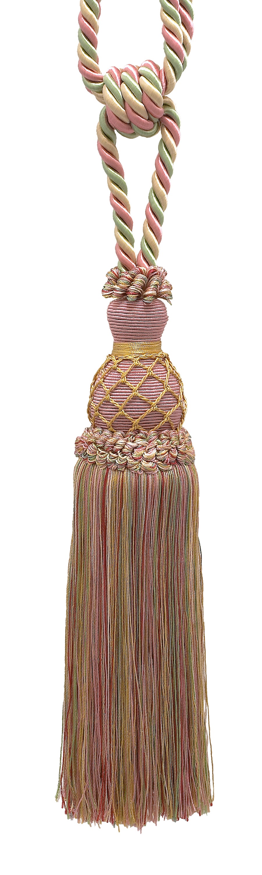 DÉCOPRO Elegant Netted Curtain & Drapery Tassel Tieback, Tassel Length 10" (25cm), Spread 30" (76cm) # TBIN1, Summer Rose Pink #3549 (Light Pink, White Ivory, Green Blue) | Set of 4 - DecoPro