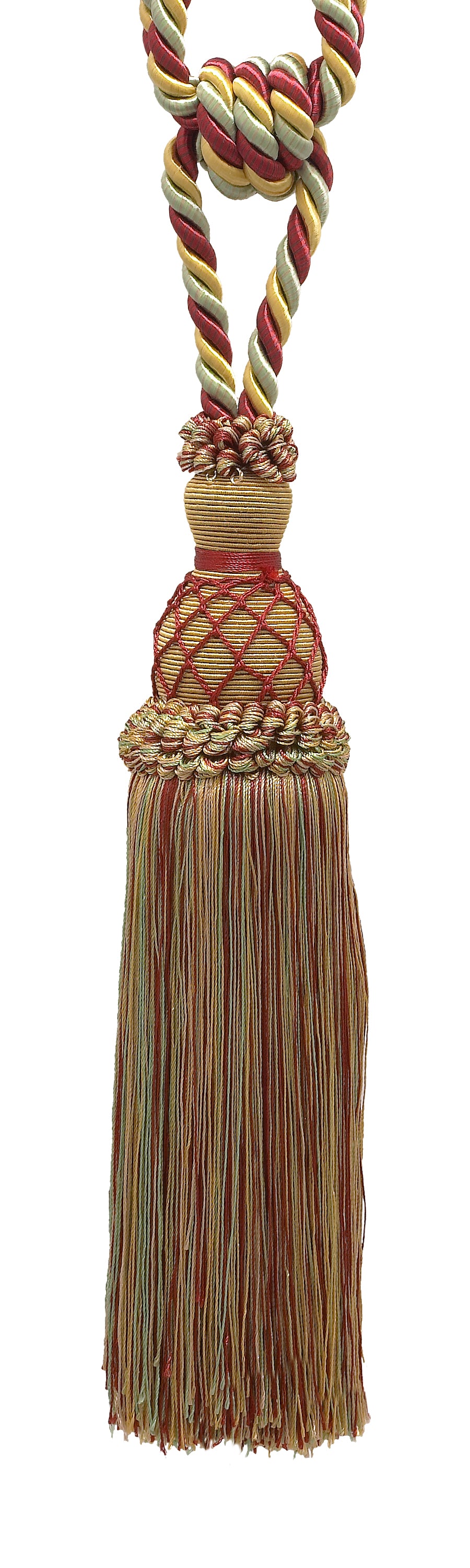 DÉCOPRO Elegant Netted Curtain & Drapery Tassel Tieback, Tassel Length 10" (25cm), Spread 30" (76cm) # TBIN1, Holiday Red #3752 (Crimson Red, Light Gold, Mint Green) | Set of 2 - DecoPro