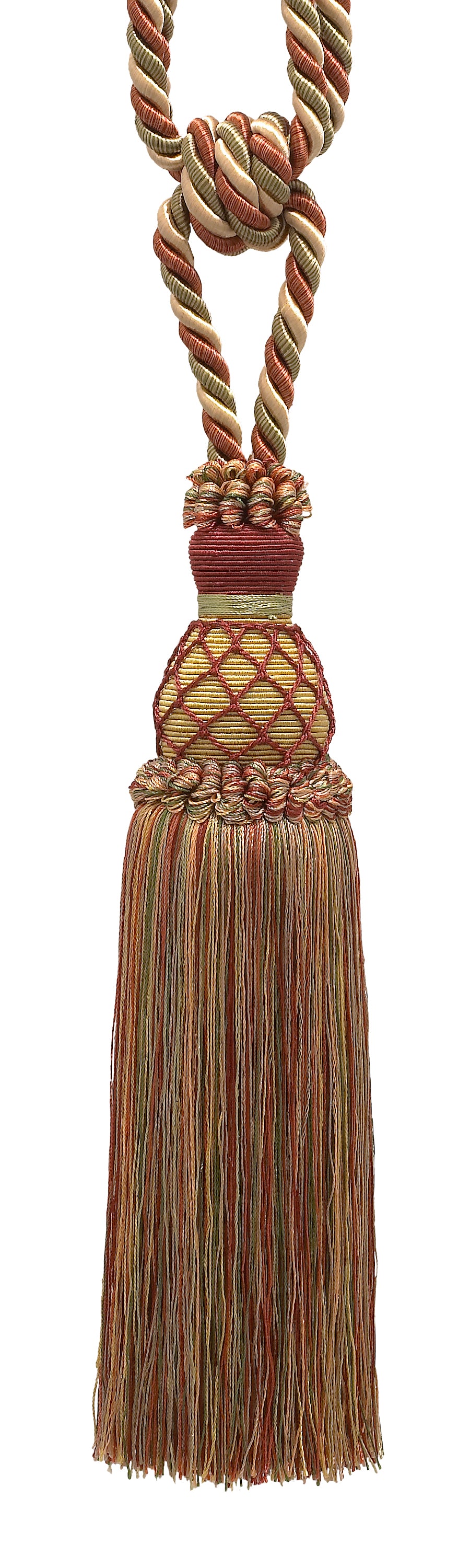 DÉCOPRO Elegant Netted Curtain & Drapery Tassel Tieback, Tassel Length 10" (25cm), Spread 30" (76cm) # TBIN1, Cherry Grove Beige #4770 (Golden Beige, Rust Red, Olive Green) | Set of 4 - DecoPro