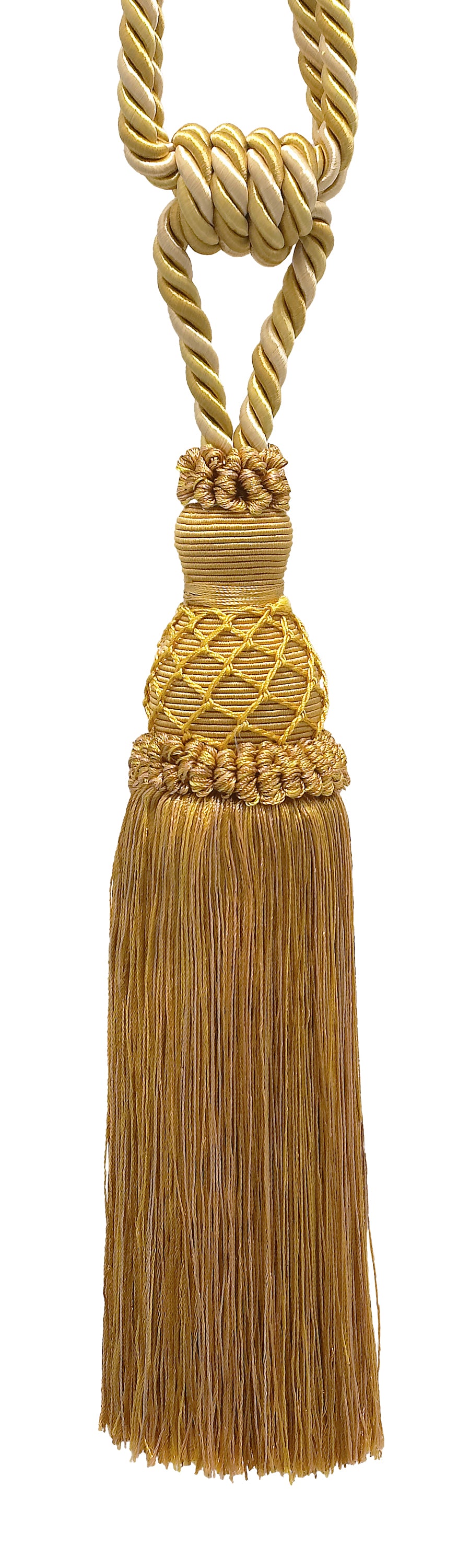 DÉCOPRO Elegant Netted Curtain & Drapery Tassel Tieback, Tassel Length 10" (25cm), Spread 30" (76cm) # TBIN1, Rustic Gold #4975 (Light Gold, Beige Gold, Yellow Gold) | Set of 4 - DecoPro