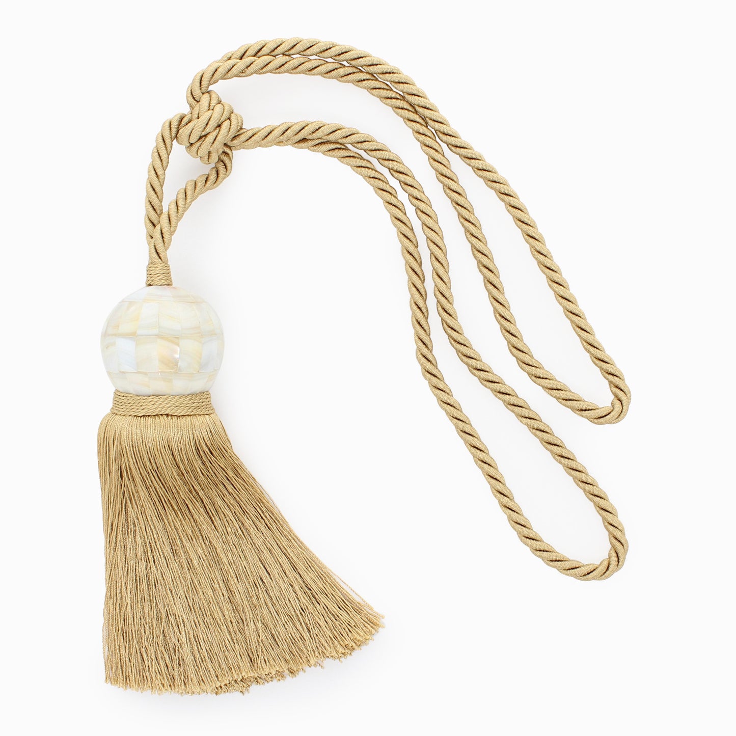DÉCOPRO Unique Large Mother Of Pearl Ball Curtain Tassel Tieback, Tassel Length 8 1/2" (21.5cm), Spread 28" (71cm) # TBMOP8 Pearl Gold #852 (Yellow Gold, Golden Beige, Dark Gold) | Sold Individually - DecoPro