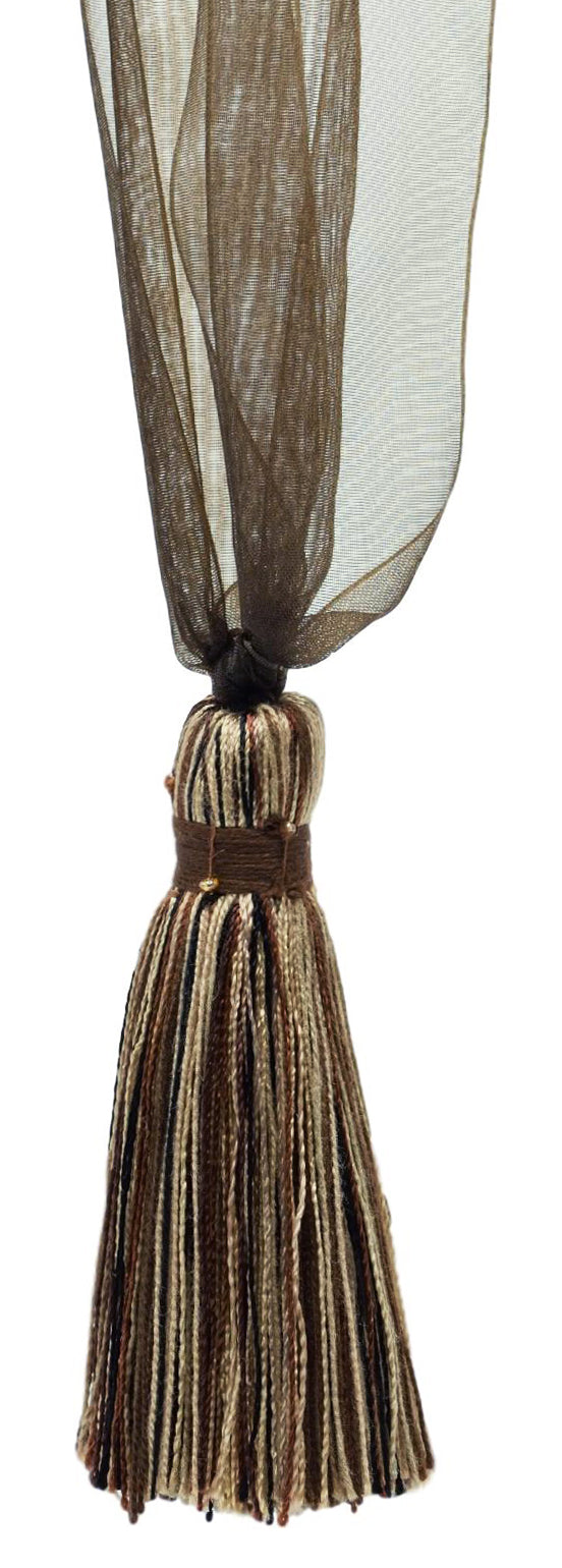 DÉCOPRO Elegant Organza Ribbon Curtain and Drapery Tassel Tieback, Tassel Length 4" (10cm), Spread 24" (61cm) # TBORGNZ4 Biscotti Brown #EL13 (Chocolate Brown, Pure Black, Light Beige) | Set of 4 - DecoPro