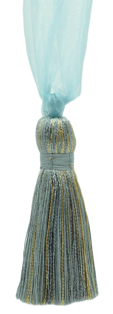 DÉCOPRO Elegant Organza Ribbon Curtain and Drapery Tassel Tieback, Tassel Length 4" (10cm), Spread 24" (61cm) # TBORGNZ4 Light Sand Blue #VL05 (Light Blue, Sand Beige, Baby Blue) | Set of 4 - DecoPro