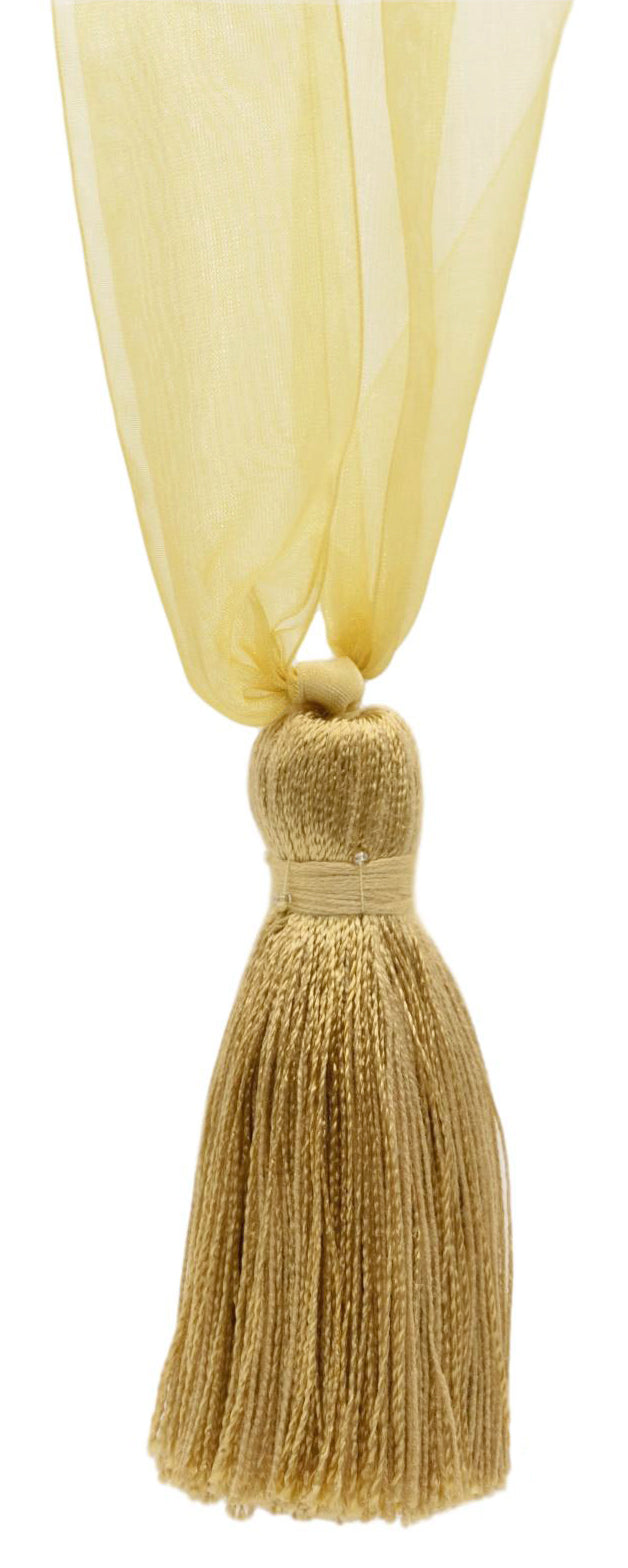DÉCOPRO Elegant Organza Ribbon Curtain and Drapery Tassel Tieback, Tassel Length 4" (10cm), Spread 24" (61cm) # TBORGNZ4 Mustard Gold #VNT4 (Dark Beige Gold) | Set of 4 - DecoPro
