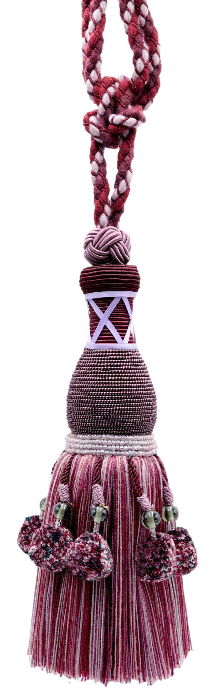 DÉCOPRO Marrakesh Collection Tassel Curtain and Draperys with Beaded Poms Tassel Tieback, Tassel Length 10" (25cm), Spread 30" (76cm) # TBRW10 Holly Red #VL01 (Wine Red, Pine Green, Pure White) | Set of 2 - DecoPro