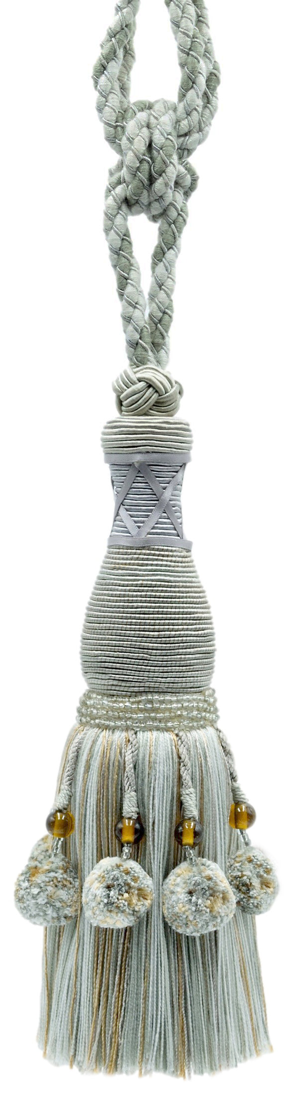 DÉCOPRO Marrakesh Collection Tassel Curtain and Draperys with Beaded Poms Tassel Tieback, Tassel Length 10" (25cm), Spread 30" (76cm) # TBRW10 Light Sand Blue #VL05 (Light Blue, Sand Beige, Baby Blue) | Set of 2 - DecoPro