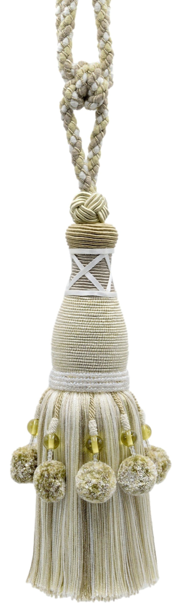 DÉCOPRO Marrakesh Collection Tassel Curtain and Draperys with Beaded Poms Tassel Tieback, Tassel Length 10" (25cm), Spread 30" (76cm) # TBRW10 Bone Ivory #VL06 (White Ivory, Cream Ivory, Light Beige) | Set of 2 - DecoPro