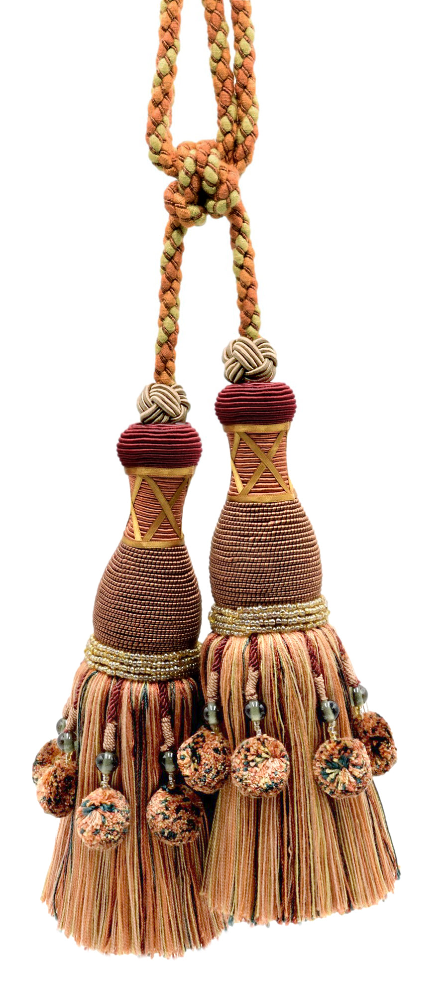 DÉCOPRO Marrakesh Collection Tassel Curtain and Draperys with Beaded Poms Tassel Tieback, Tassel Length 10" (25cm), Spread 34" (86cm) # TBRW102 Sedona Orange #VL02 (Red Orange, Light Orange, Forest Green) | Set of 2 - DecoPro