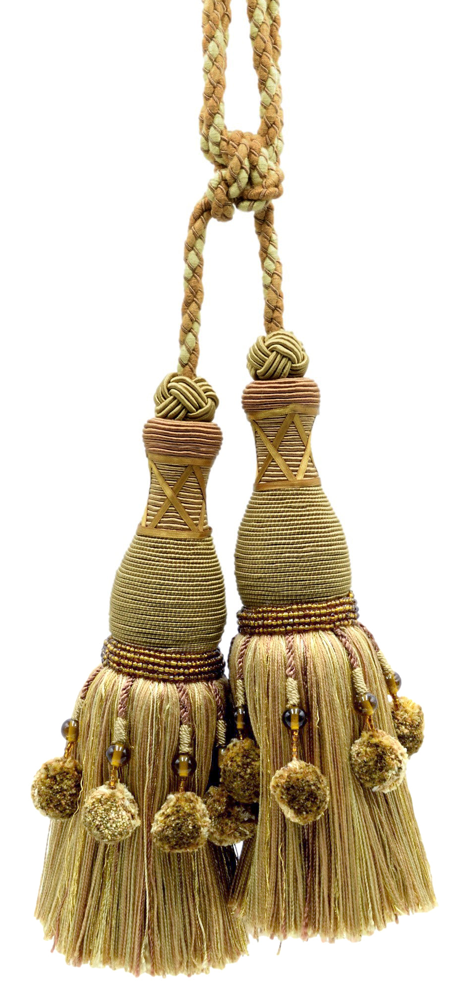 DÉCOPRO Marrakesh Collection Tassel Curtain and Draperys with Beaded Poms Tassel Tieback, Tassel Length 10" (25cm), Spread 34" (86cm) # TBRW102 Gilded Gold #VL04 (Gold, Light Brown, Light Gold) | Set of 2 - DecoPro