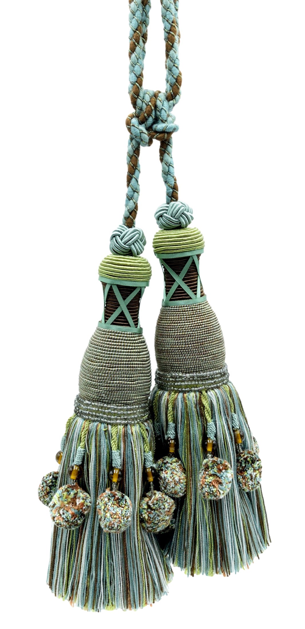DÉCOPRO Marrakesh Collection Tassel Curtain and Draperys with Beaded Poms Tassel Tieback, Tassel Length 10" (25cm), Spread 34" (86cm) # TBRW102 Lakeside Green #VL12 (Olive Green, Chocolate Brown, Turquoise Blue) | Set of 2 - DecoPro