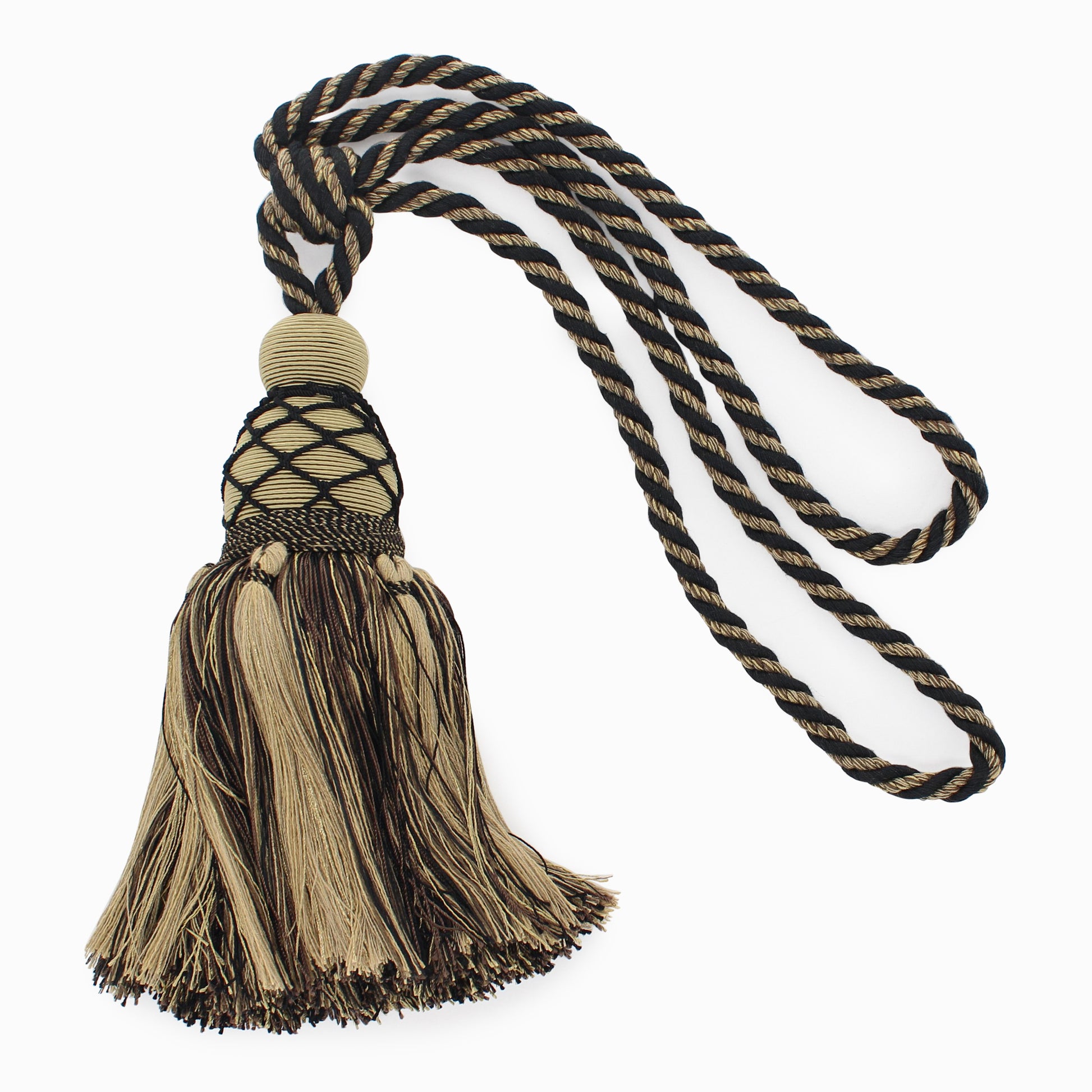 DÉCOPRO Large Beautiful Curtain & Drapery Tassel Tieback with Elegant Net Design, Tassel Length 9 1/2" (24cm), Spread 30" (76cm) # TBV095L Beige Medley Black #VNT20 (Pure Black, Green Beige, Khaki Beige) | Sold Individually - DecoPro