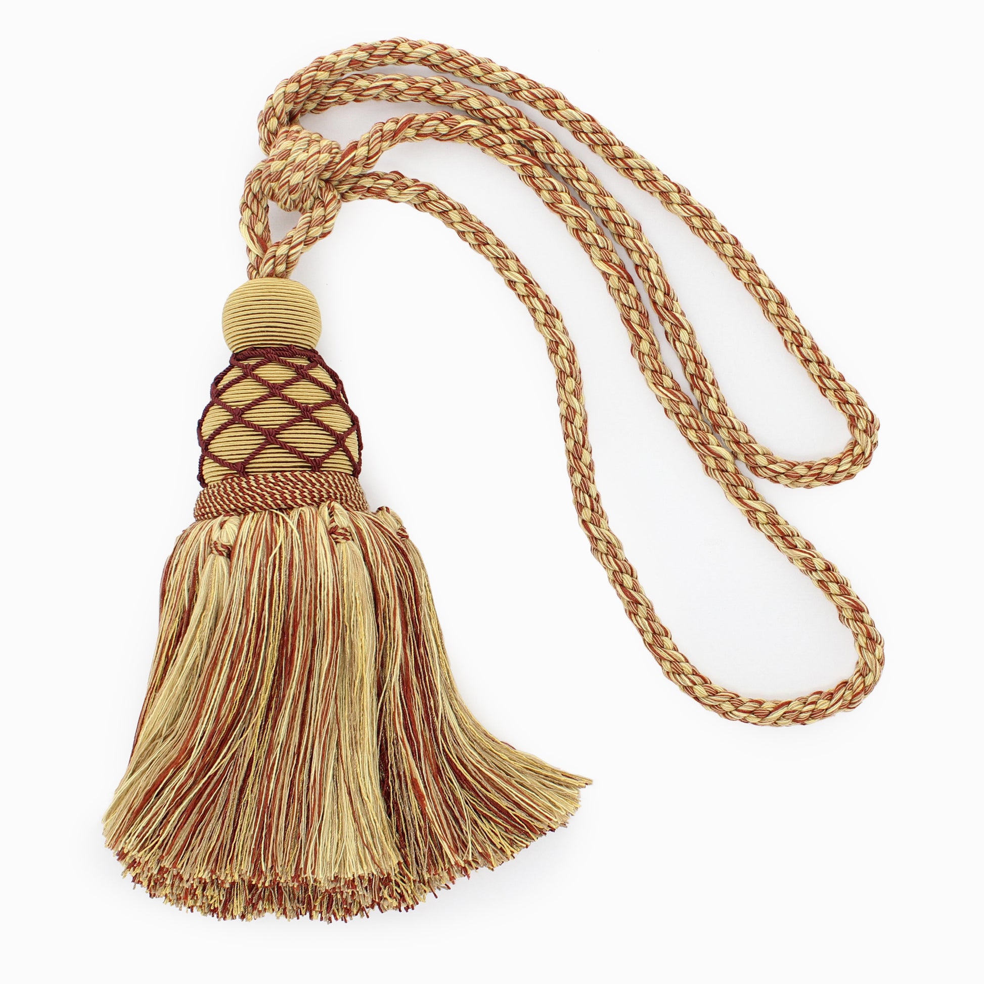 DÉCOPRO Large Beautiful Curtain & Drapery Tassel Tieback with Elegant Net Design, Tassel Length 9 1/2" (24cm), Spread 30" (76cm) # TBV095L Bisque Beige #VNT31 (Light Beige, Rust Red, Light Gold) | Set of 2 - DecoPro