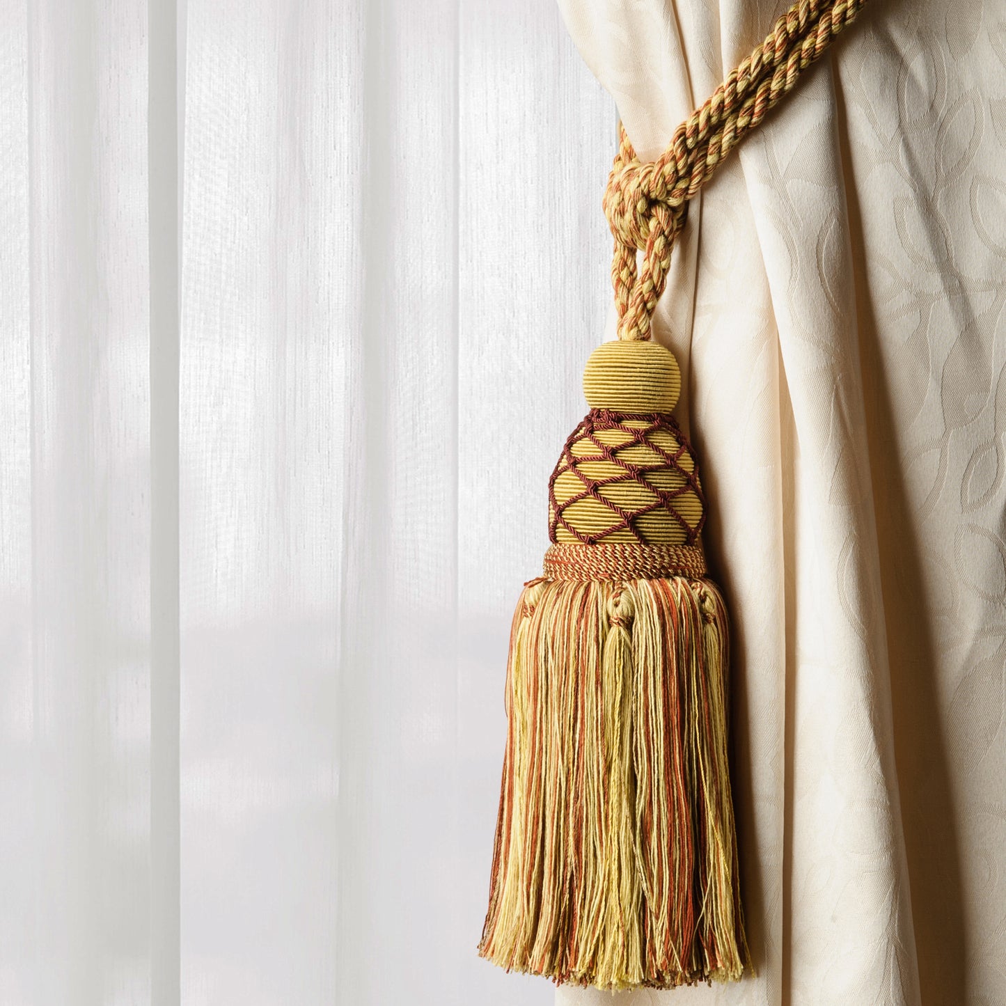 DÉCOPRO Large Beautiful Curtain & Drapery Tassel Tieback with Elegant Net Design, Tassel Length 9 1/2" (24cm), Spread 30" (76cm) # TBV095L Bisque Beige #VNT31 (Light Beige, Rust Red, Light Gold) | Sold Individually - DecoPro