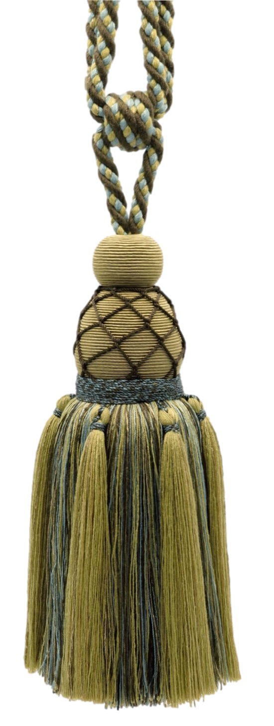 DÉCOPRO Large Beautiful Curtain & Drapery Tassel Tieback with Elegant Net Design, Tassel Length 9 1/2" (24cm), Spread 30" (76cm) # TBV095L Nest Brown #VNT39 (Chocolate Brown, Golden Beige, Light Blue) | Set of 4 - DecoPro