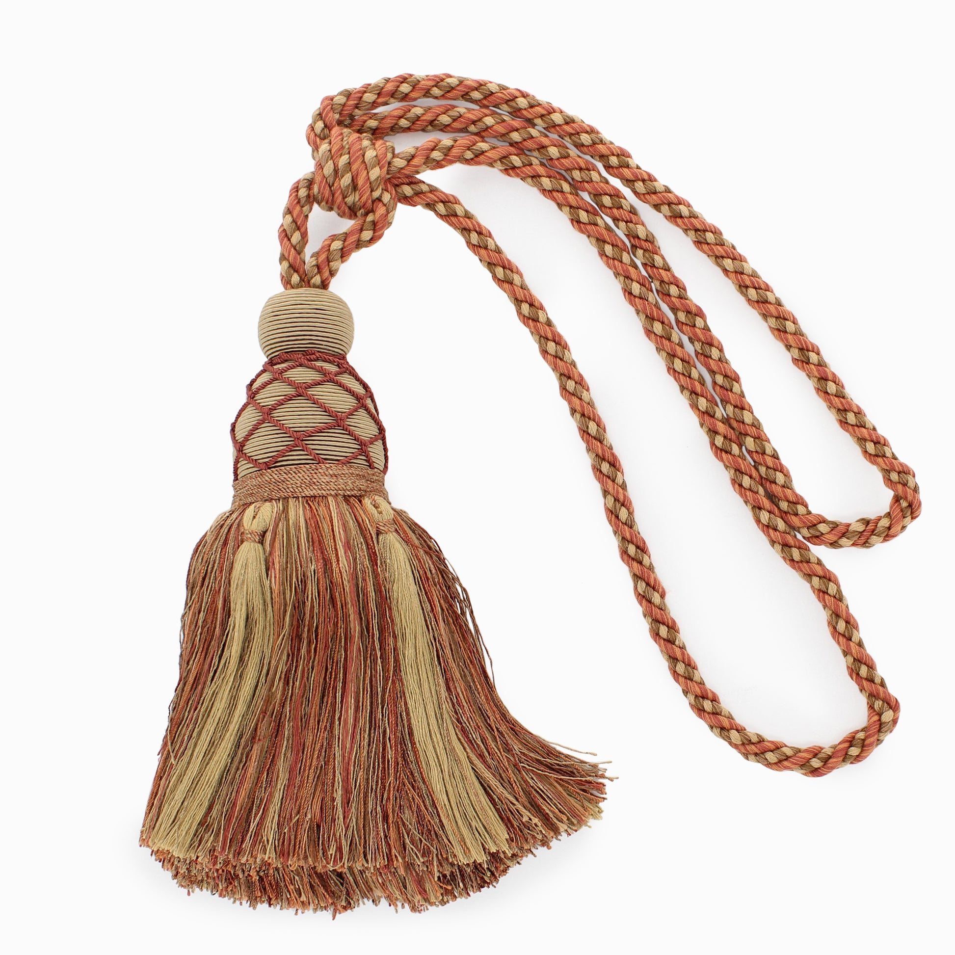 DÉCOPRO Large Beautiful Curtain & Drapery Tassel Tieback with Elegant Net Design, Tassel Length 9 1/2" (24cm), Spread 30" (76cm) # TBV095L Sunset Beige #VNT9 (Gold Beige, Rust Red, Light Brown) | Sold Individually - DecoPro