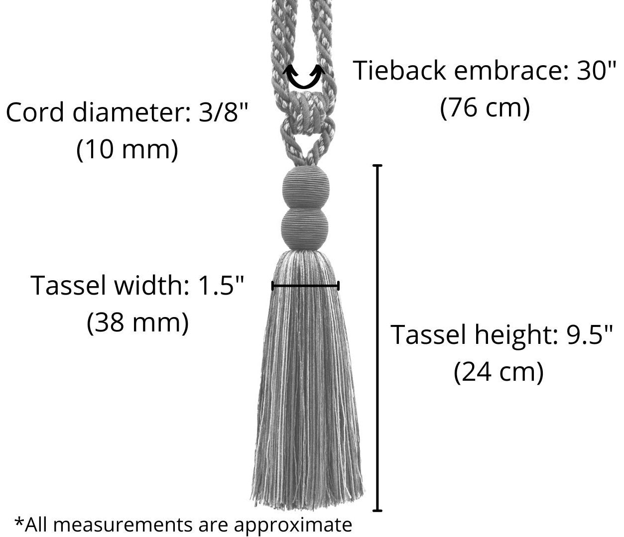 DÉCOPRO Contemporary, Modern Curtain & Drapery Tassel Tieback - Double Ball Design, Tassel Length 9 1/2" (24cm), Spread 30" (76cm) # TBV9 Emperor Gold #VNT25 (Beige Gold, Light Beige, Pure Black) | Set of 4 - DecoPro