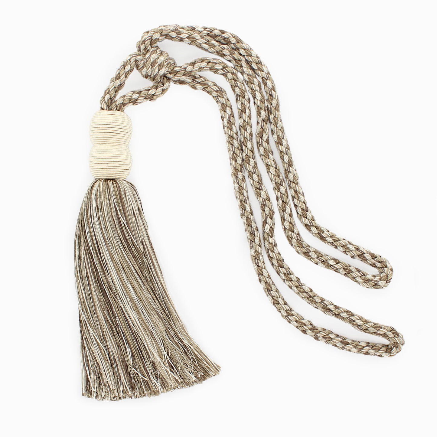 DÉCOPRO Contemporary, Modern Curtain & Drapery Tassel Tieback - Double Ball Design, Tassel Length 9 1/2" (24cm), Spread 30" (76cm) # TBV9 Birch Brown #VNT1 (Light Brown, Olive Beige, White Ivory) | Set of 10 - DecoPro